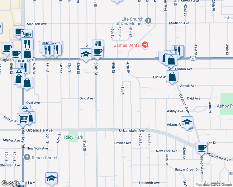 map of restaurants, bars, coffee shops, grocery stores, and more near 3416 49th Street in Des Moines