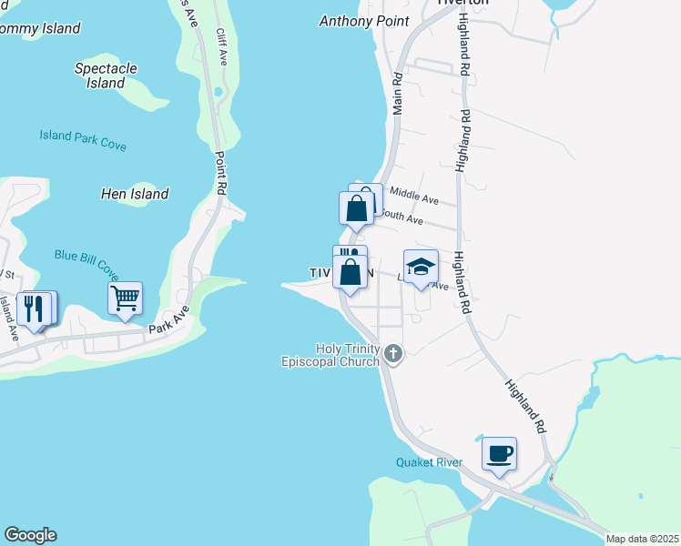 map of restaurants, bars, coffee shops, grocery stores, and more near in Tiverton