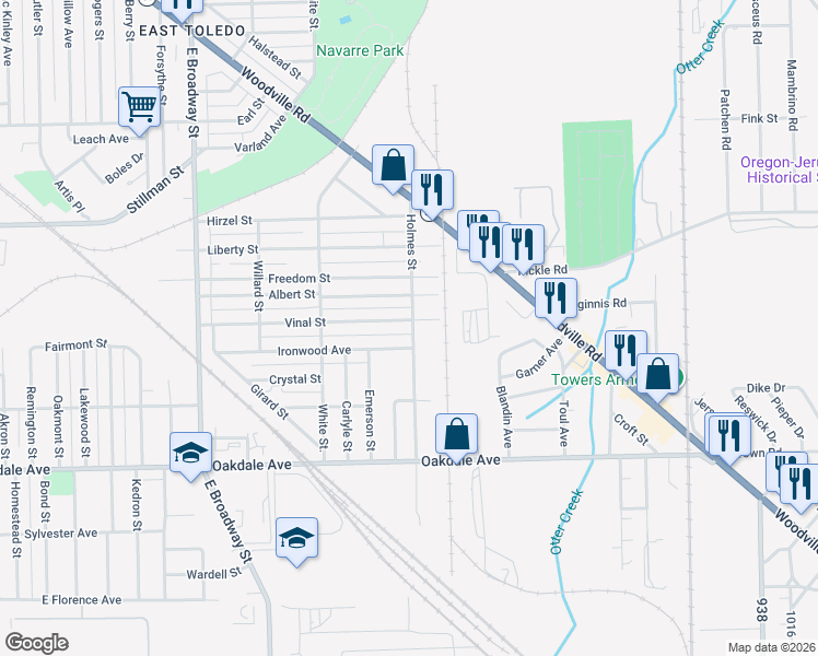 map of restaurants, bars, coffee shops, grocery stores, and more near 1355 Holmes Street in Toledo