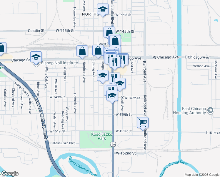 map of restaurants, bars, coffee shops, grocery stores, and more near 4840 Indianapolis Boulevard in East Chicago