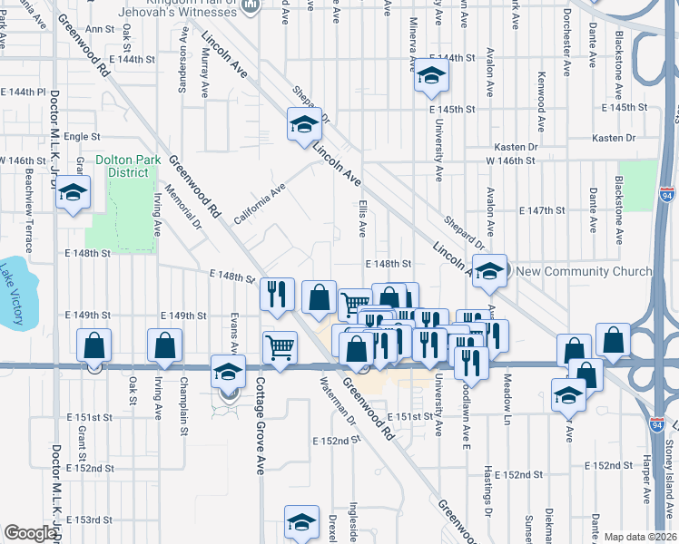 map of restaurants, bars, coffee shops, grocery stores, and more near 928 East 148th Street in Dolton