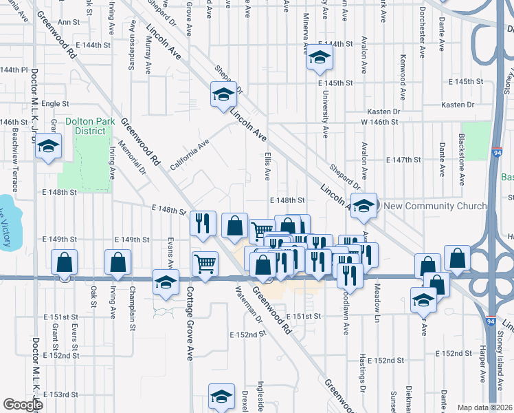 map of restaurants, bars, coffee shops, grocery stores, and more near 928 East 148th Street in Dolton