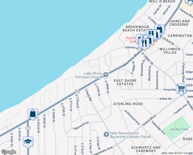map of restaurants, bars, coffee shops, grocery stores, and more near 27831 Lakeshore Boulevard in Euclid