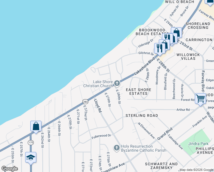map of restaurants, bars, coffee shops, grocery stores, and more near 27831 Lakeshore Boulevard in Euclid