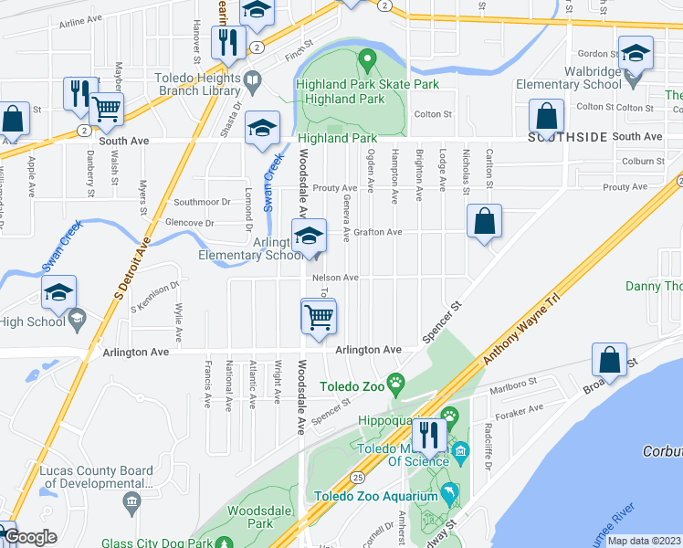 map of restaurants, bars, coffee shops, grocery stores, and more near 750 Geneva Avenue in Toledo