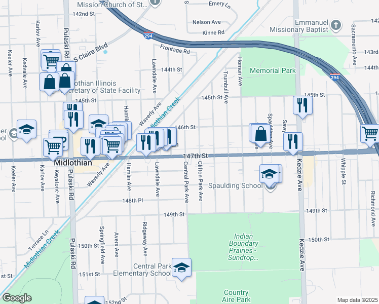map of restaurants, bars, coffee shops, grocery stores, and more near 3552 147th Street in Midlothian