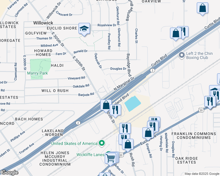 map of restaurants, bars, coffee shops, grocery stores, and more near 891 Brittney Court in Willowick