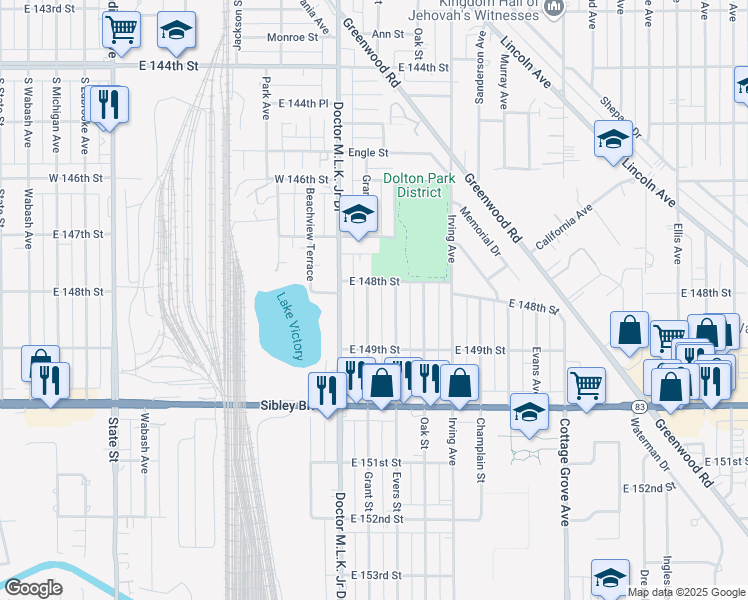 map of restaurants, bars, coffee shops, grocery stores, and more near 14745 Grant Street in Dolton
