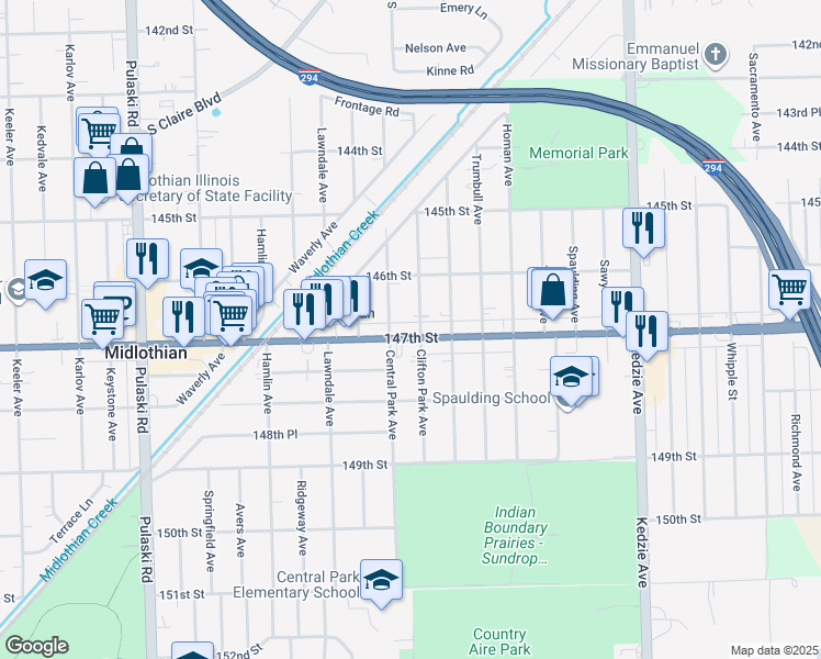 map of restaurants, bars, coffee shops, grocery stores, and more near 14635 Clifton Park Avenue in Midlothian