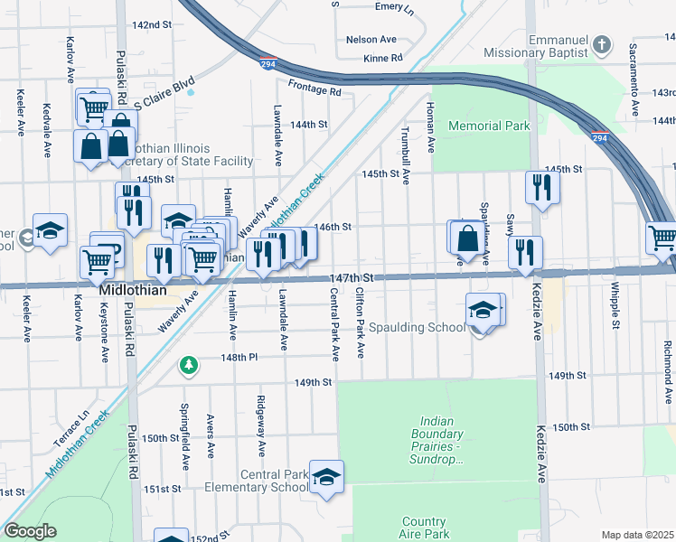 map of restaurants, bars, coffee shops, grocery stores, and more near 14637 Central Park Avenue in Midlothian