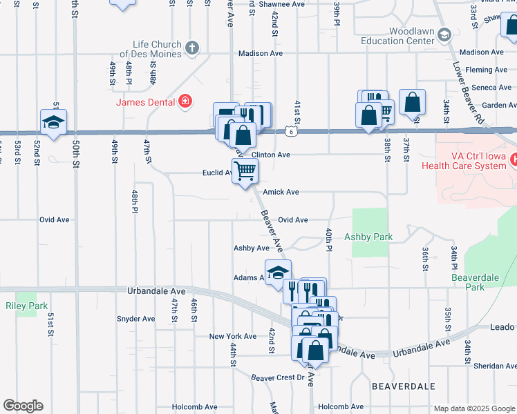map of restaurants, bars, coffee shops, grocery stores, and more near 3422 Beaver Avenue in Des Moines