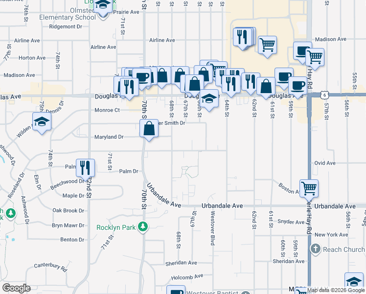 map of restaurants, bars, coffee shops, grocery stores, and more near 3425 68th Street in Urbandale