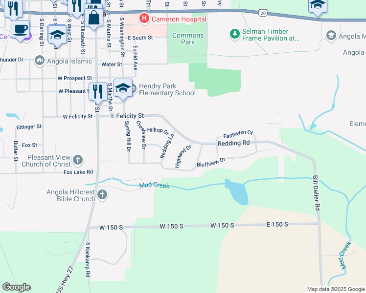 map of restaurants, bars, coffee shops, grocery stores, and more near 602 Redding Road in Angola