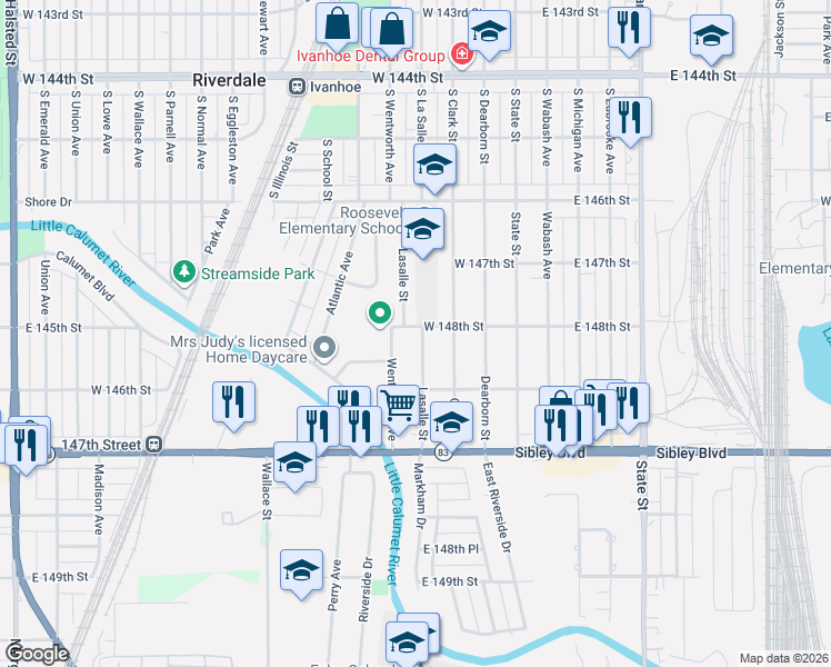 map of restaurants, bars, coffee shops, grocery stores, and more near 14747 La Salle Street in Dolton
