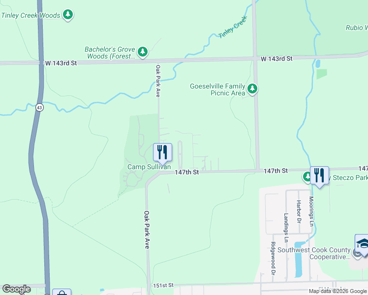 map of restaurants, bars, coffee shops, grocery stores, and more near 14523 Club Circle Drive in Oak Forest