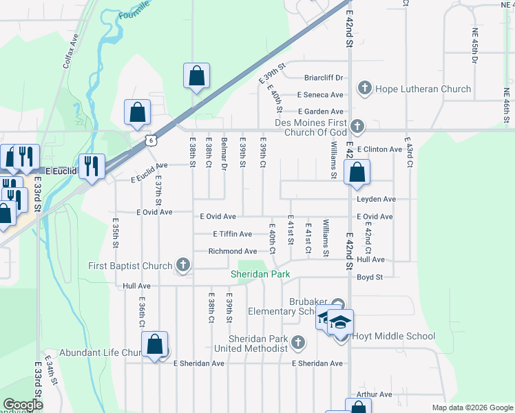 map of restaurants, bars, coffee shops, grocery stores, and more near 3407 East 39th Street in Des Moines