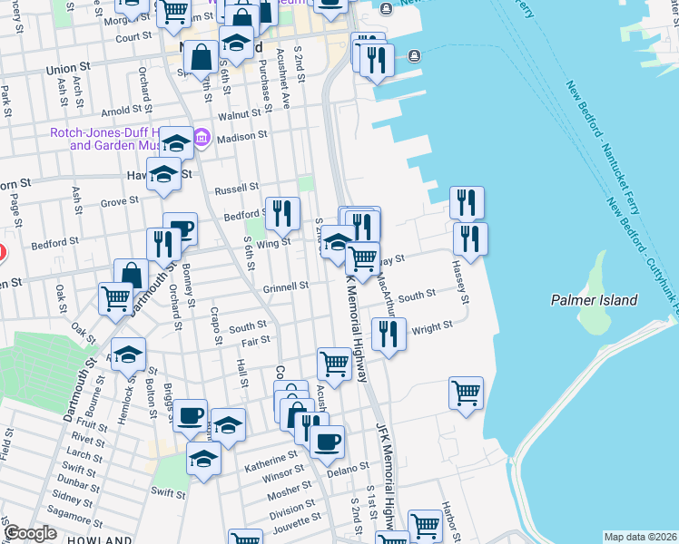 map of restaurants, bars, coffee shops, grocery stores, and more near 286 South 2nd Street in New Bedford