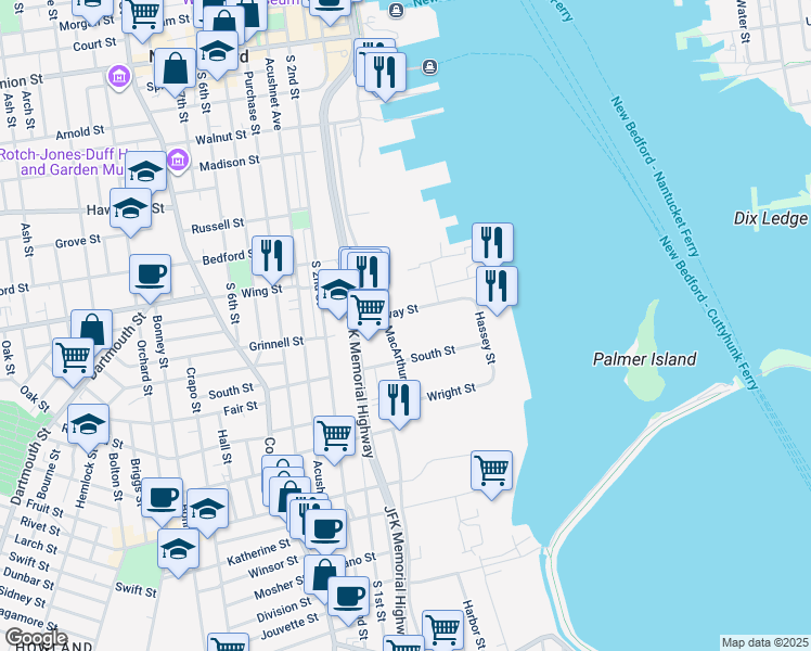 map of restaurants, bars, coffee shops, grocery stores, and more near 108 Macarthur Drive in New Bedford