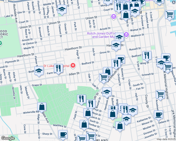 map of restaurants, bars, coffee shops, grocery stores, and more near 275 Allen Street in New Bedford