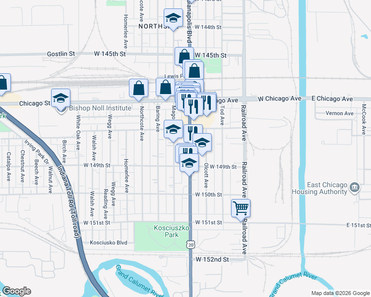 map of restaurants, bars, coffee shops, grocery stores, and more near 4824 U.S. 20 in East Chicago