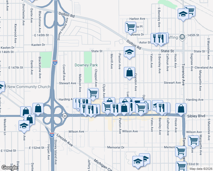 map of restaurants, bars, coffee shops, grocery stores, and more near 364 Clyde Avenue in Calumet City