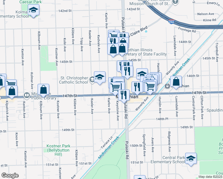 map of restaurants, bars, coffee shops, grocery stores, and more near 14629 Karlov Avenue in Midlothian