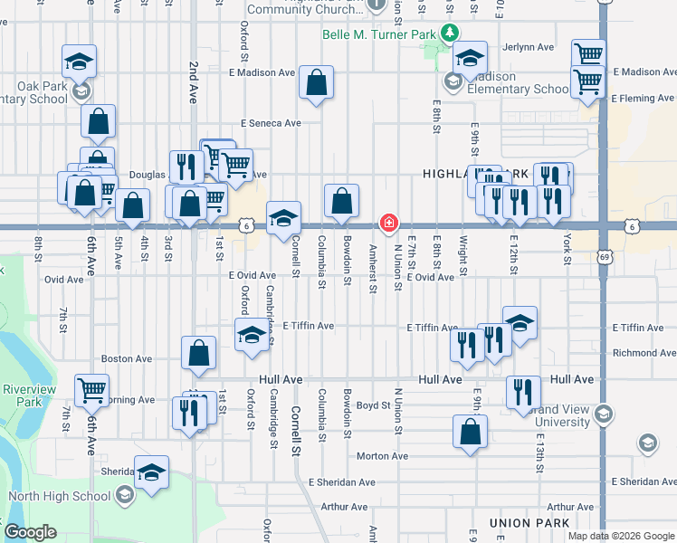 map of restaurants, bars, coffee shops, grocery stores, and more near 3413 Columbia Street in Des Moines