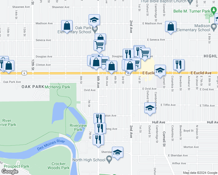 map of restaurants, bars, coffee shops, grocery stores, and more near 3416 4th Street in Des Moines