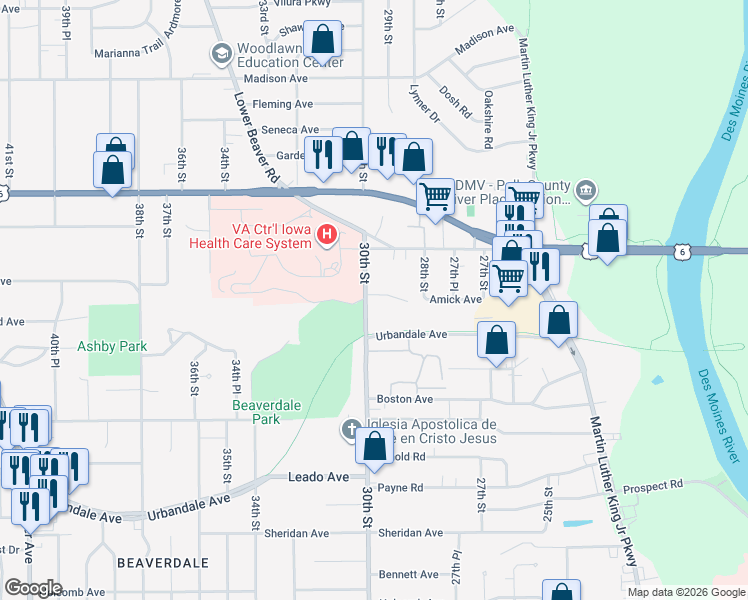 map of restaurants, bars, coffee shops, grocery stores, and more near 3413 30th Street in Des Moines
