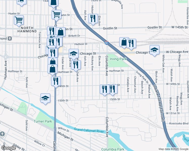 map of restaurants, bars, coffee shops, grocery stores, and more near 4815 Hickory Avenue in Hammond