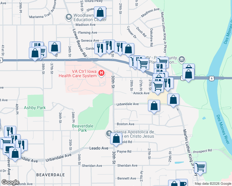 map of restaurants, bars, coffee shops, grocery stores, and more near 3413 30th Street in Des Moines