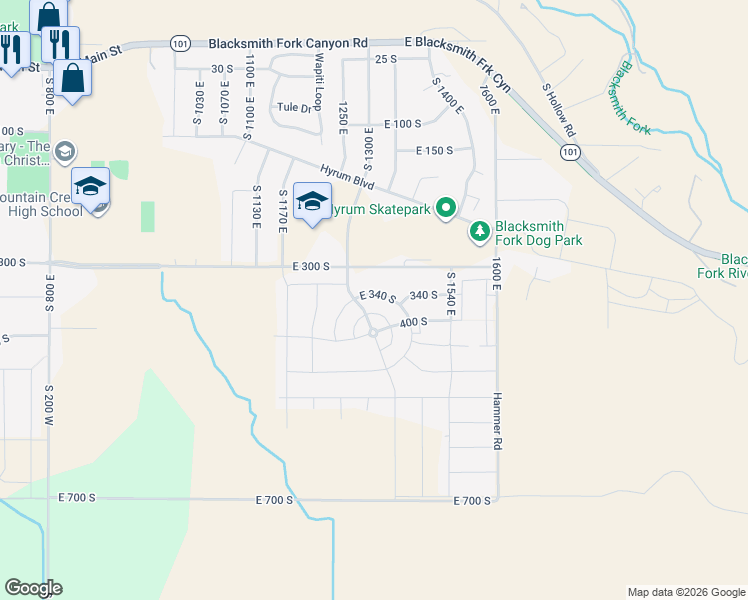 map of restaurants, bars, coffee shops, grocery stores, and more near 1382 East 340 South in Hyrum