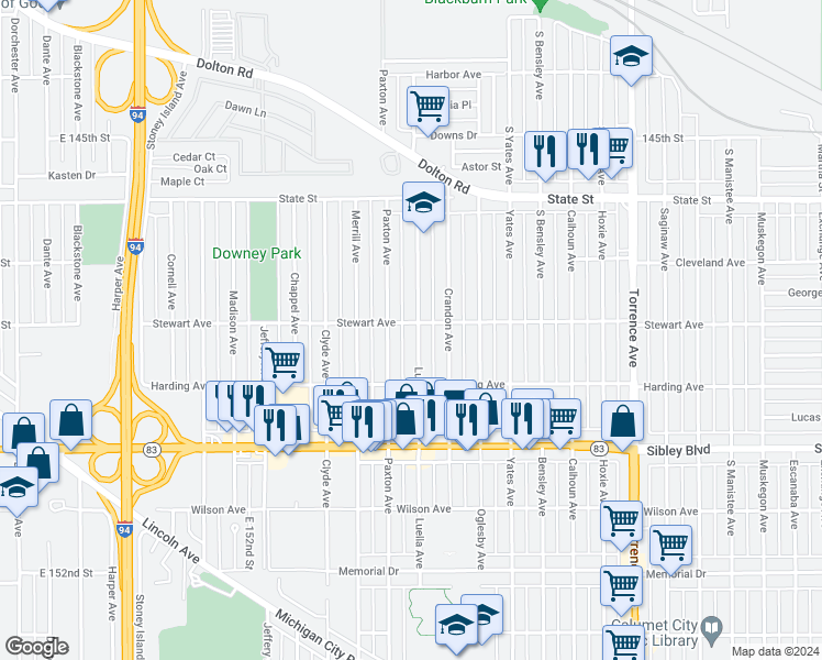map of restaurants, bars, coffee shops, grocery stores, and more near 376 Luella Avenue in Calumet City