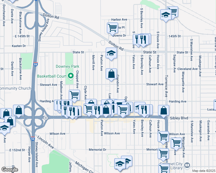 map of restaurants, bars, coffee shops, grocery stores, and more near 367 Paxton Avenue in Calumet City