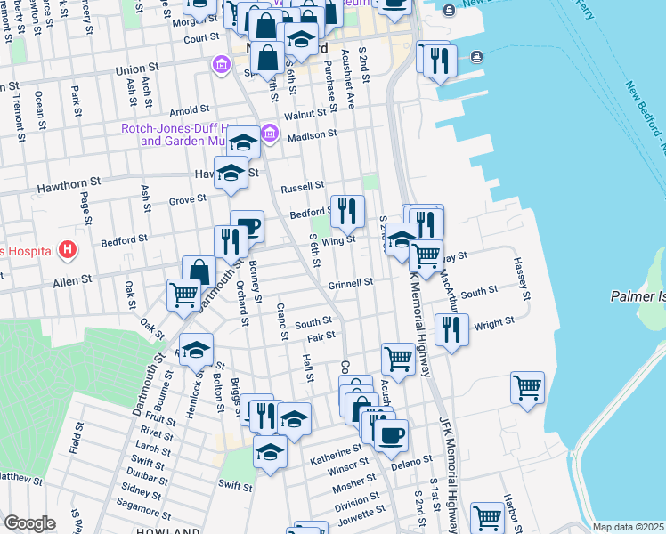 map of restaurants, bars, coffee shops, grocery stores, and more near 117 Pleasant Street in New Bedford