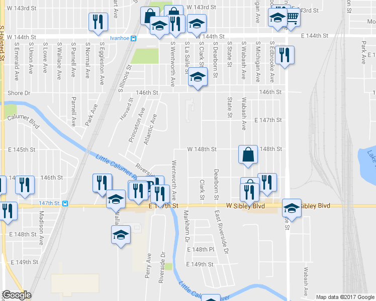 map of restaurants, bars, coffee shops, grocery stores, and more near 14303 Lasalle Street in Dolton