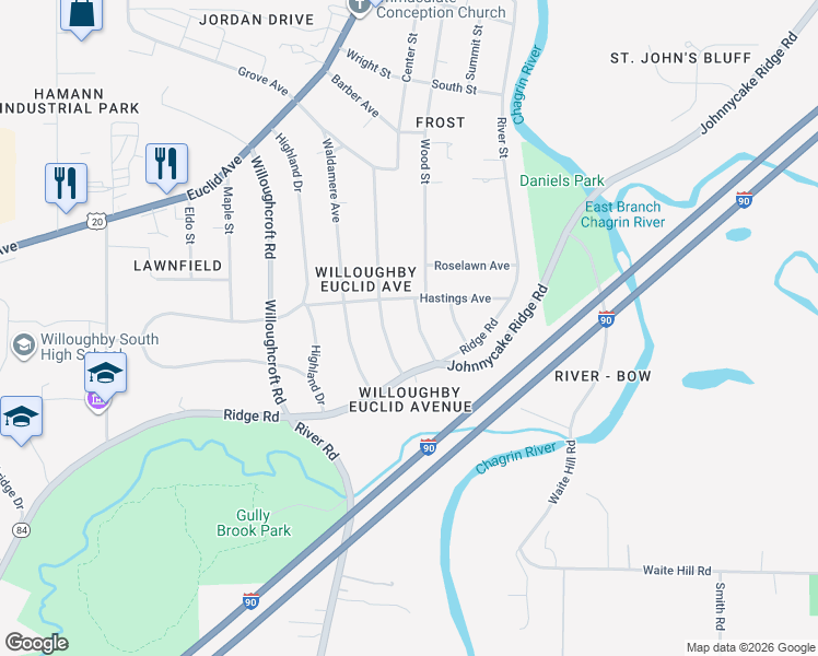 map of restaurants, bars, coffee shops, grocery stores, and more near 4872 Oakdale Avenue in Willoughby
