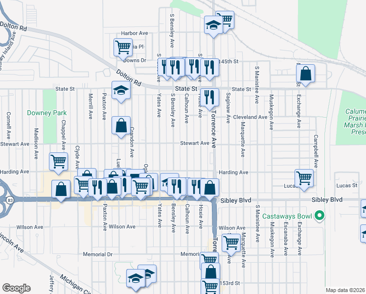 map of restaurants, bars, coffee shops, grocery stores, and more near 376 Calhoun Avenue in Calumet City