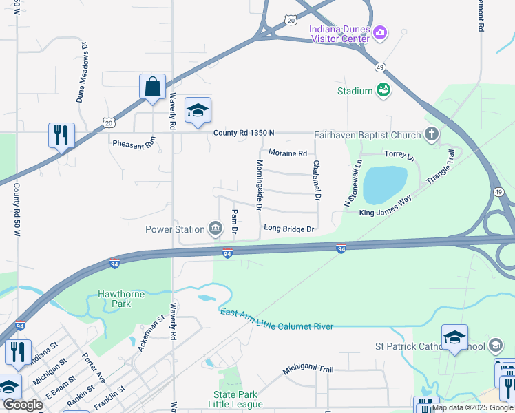 map of restaurants, bars, coffee shops, grocery stores, and more near Coffee Creek Road in Chesterton