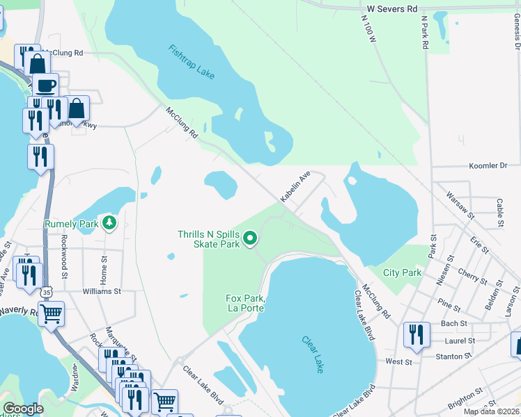 map of restaurants, bars, coffee shops, grocery stores, and more near 128 West McClung Road in La Porte