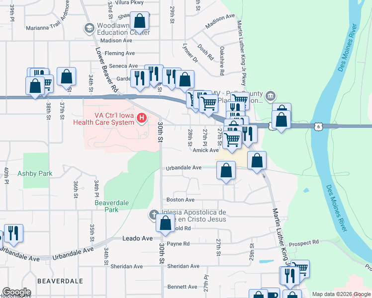 map of restaurants, bars, coffee shops, grocery stores, and more near 2815 Shadyoak Drive in Des Moines