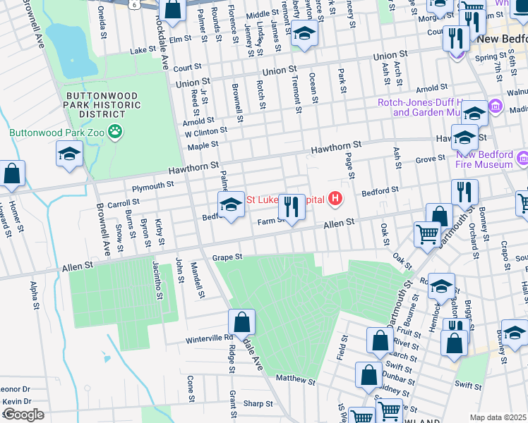 map of restaurants, bars, coffee shops, grocery stores, and more near 383 Bedford Street in New Bedford