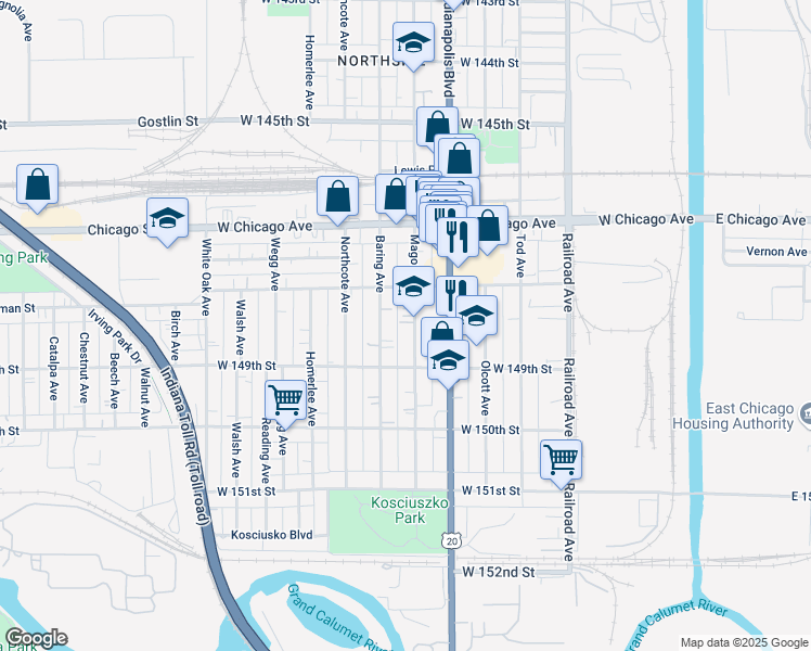 map of restaurants, bars, coffee shops, grocery stores, and more near 4817 Baring Avenue in East Chicago