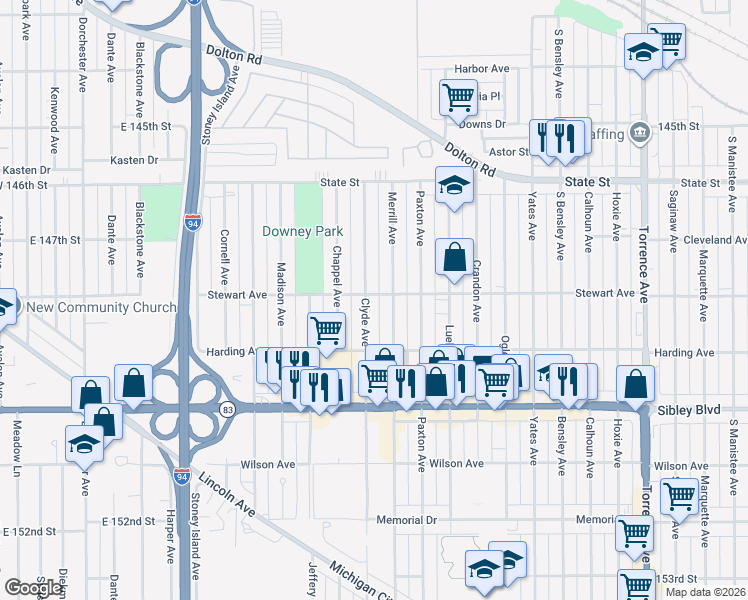 map of restaurants, bars, coffee shops, grocery stores, and more near 364 Clyde Avenue in Calumet City
