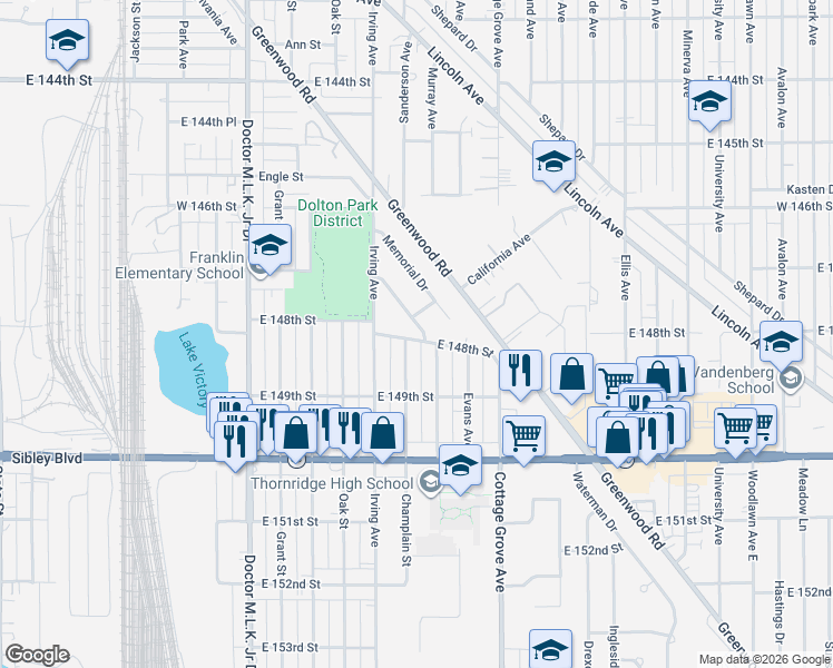map of restaurants, bars, coffee shops, grocery stores, and more near 14748 Langley Avenue in Dolton