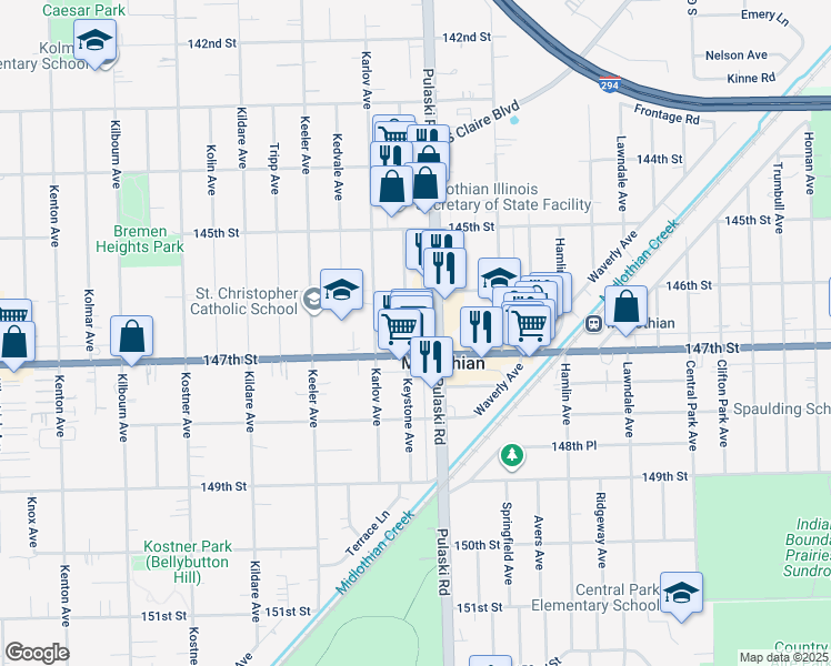 map of restaurants, bars, coffee shops, grocery stores, and more near 14633 Keystone Avenue in Midlothian