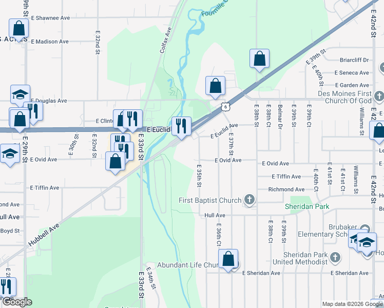 map of restaurants, bars, coffee shops, grocery stores, and more near 3416 East 35th Street in Des Moines