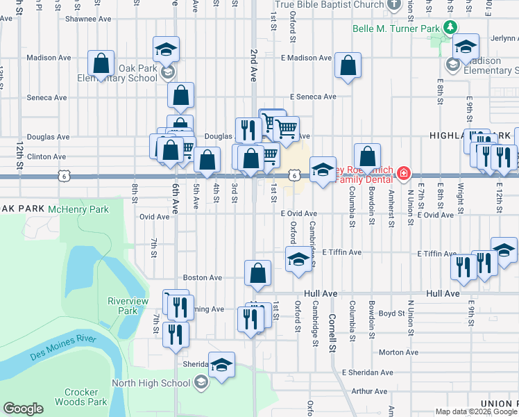map of restaurants, bars, coffee shops, grocery stores, and more near 3417 2nd Avenue in Des Moines