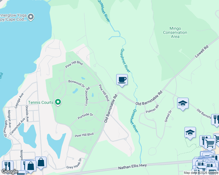 map of restaurants, bars, coffee shops, grocery stores, and more near 23 Payamps Rd in Mashpee