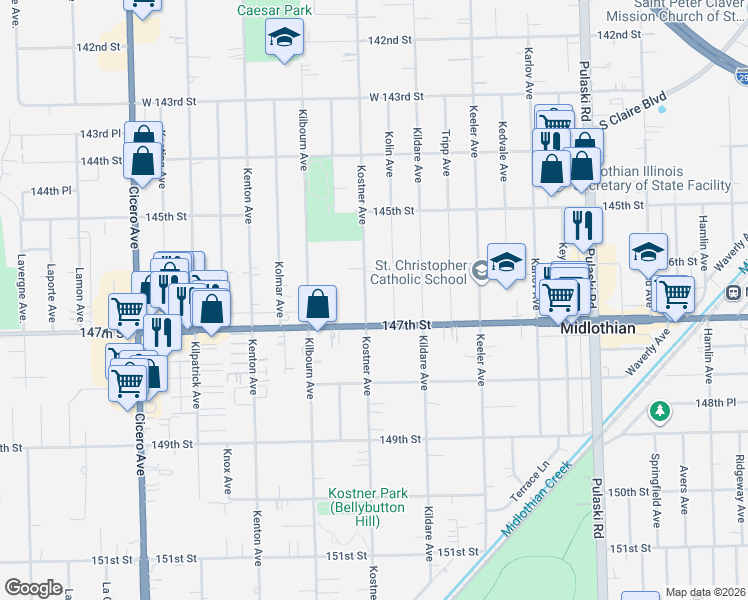 map of restaurants, bars, coffee shops, grocery stores, and more near 14623 Kostner Avenue in Midlothian